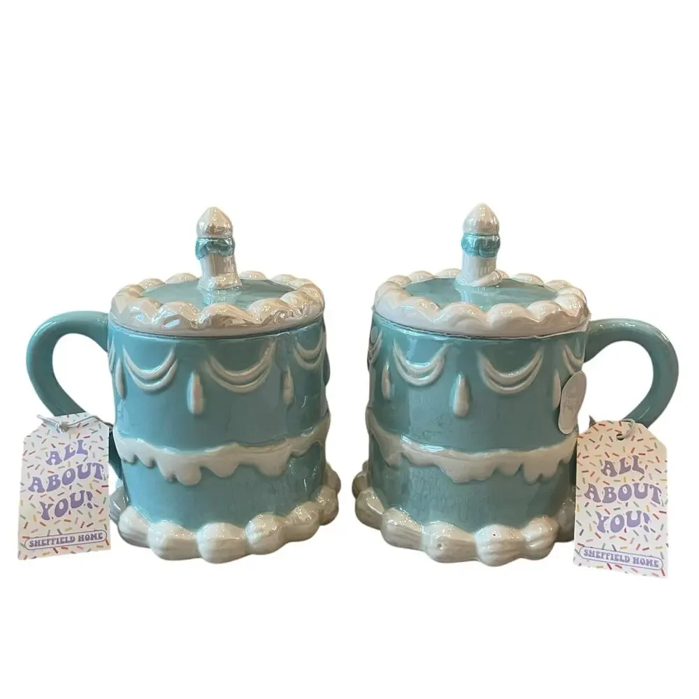 2pc Sheffield Home Hand Painted Blue Happy Birthday Cake Mug with Candle Lid New